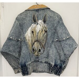 Turtle Denim Jacket Womens S Blue Acid Wash Horse Face Studded Vintage 80s 90s